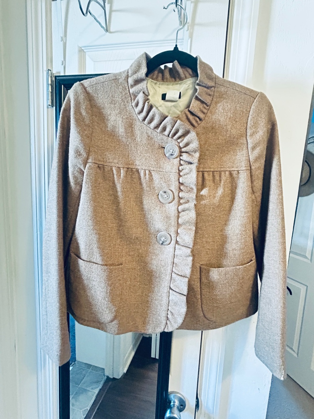 J. Crew Taupe Ruffle-Trim Wool Blend Jacket